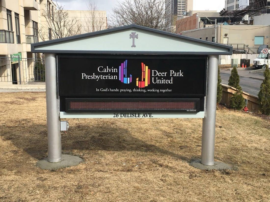 Shared ground sign for Calvin Presbyterian and Deer Park United churches