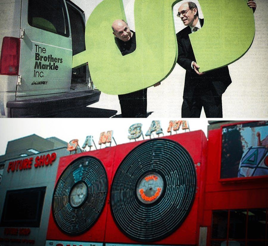 Archive photos of The Brothers Markle team with large record-shaped signs